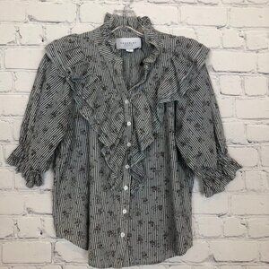 Rochelle Behrens The Shirt Blue Stripe Floral Ruffle Buttondown Size M